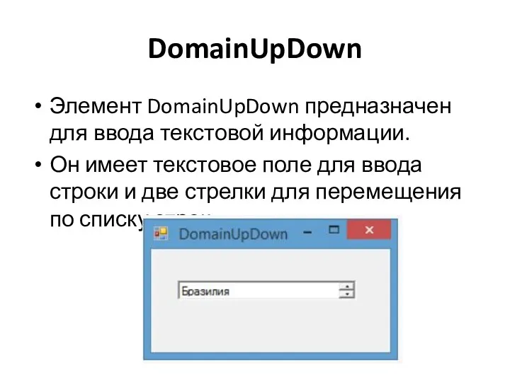 DomainUpDown Элемент DomainUpDown предназначен для ввода текстовой информации. Он имеет