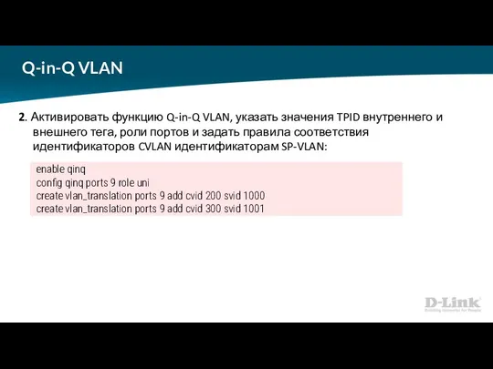 Q-in-Q VLAN 2. Активировать функцию Q-in-Q VLAN, указать значения TPID