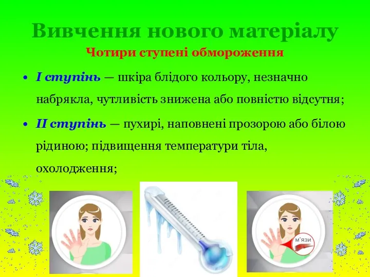 Вивчення нового матеріалу Чотири ступені обмороження І ступінь — шкіра