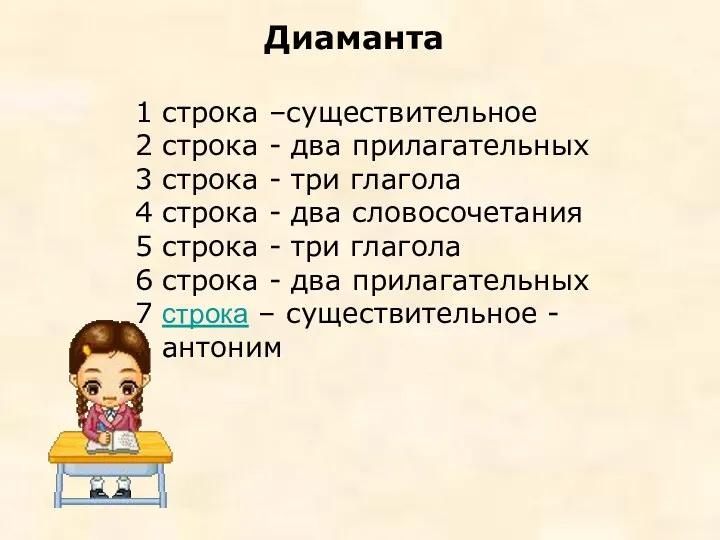 Диаманта 1 строка –существительное 2 строка - два прилагательных 3