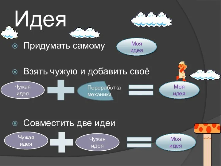 Идея Придумать самому Взять чужую и добавить своё Совместить две