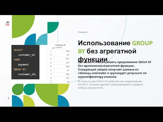 Использование GROUP BY без агрегатной функции Лекция 4