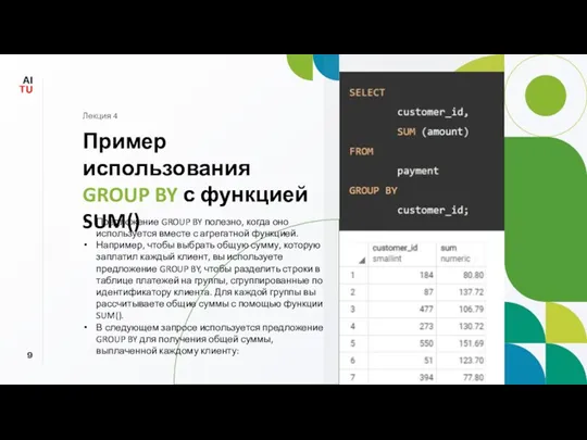 Пример использования GROUP BY с функцией SUM() Лекция 4