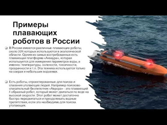 Примеры плавающих роботов в России В России имеются различные плавающие роботы, около 20%