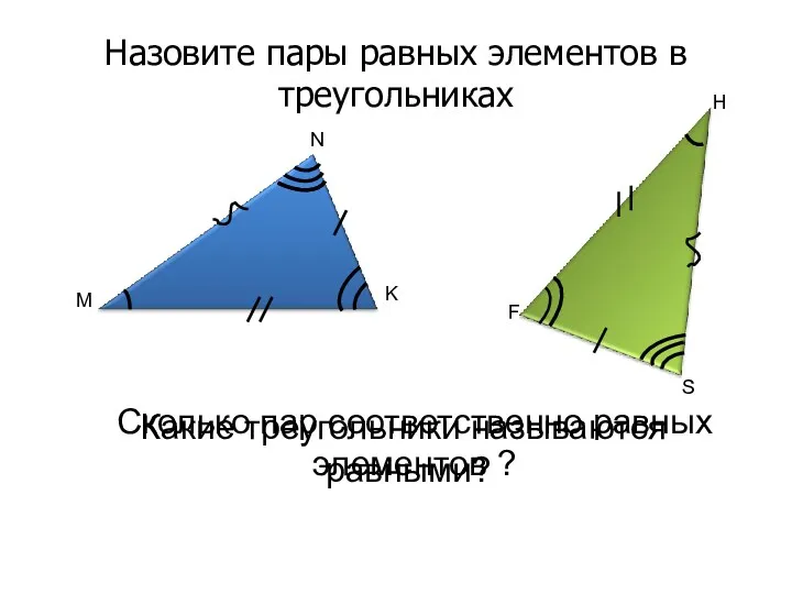 Назовите пары равных элементов в треугольниках M N K F S H Какие