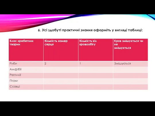 6. Усі здобуті практичні знання оформіть у вигляді таблиці: