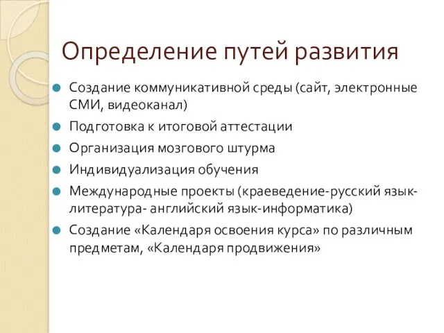 Определение путей развития Создание коммуникативной среды (сайт, электронные СМИ, видеоканал)