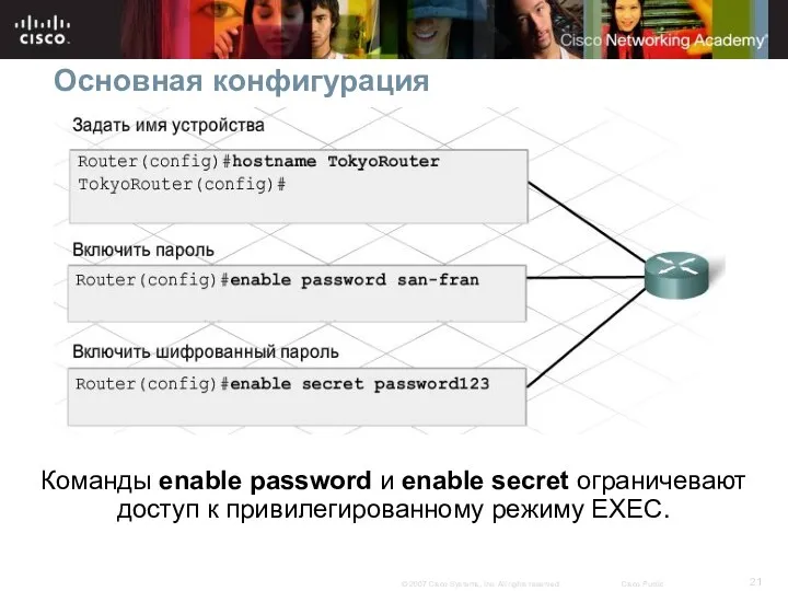 Основная конфигурация Команды enable password и enable secret ограничевают доступ к привилегированному режиму EXEC.