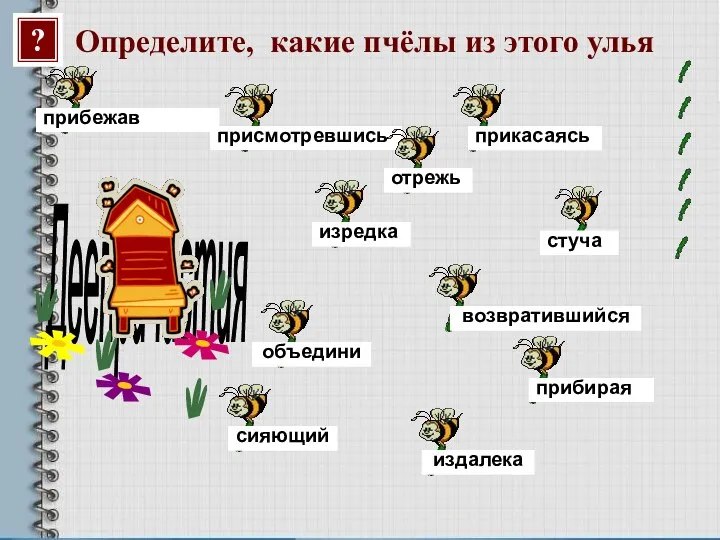 Определите, какие пчёлы из этого улья Деепричастия присмотревшись прибирая стуча