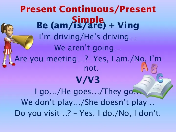 Present Continuous/Present Simple Be (am/is/are) + Ving I’m driving/He’s driving…