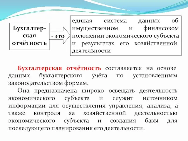 Бухгалтерская отчётность составляется на основе данных бухгалтерского учёта по установленным