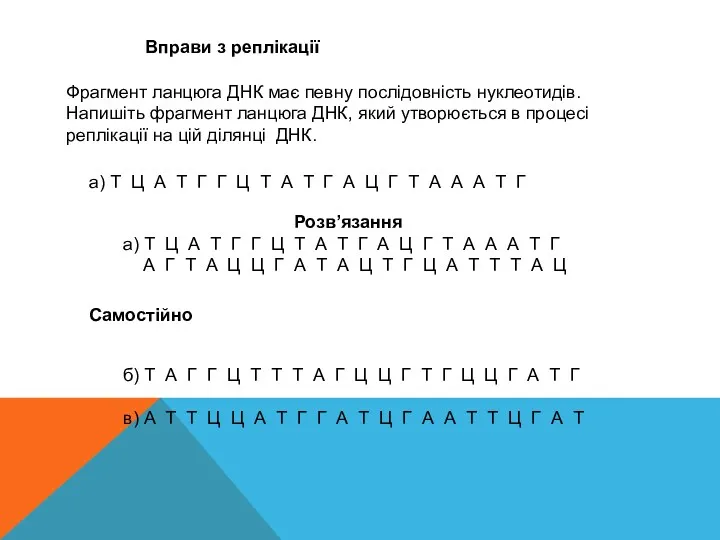 Вправи з реплікації Фрагмент ланцюга ДНК має певну послідовність нуклеотидів.