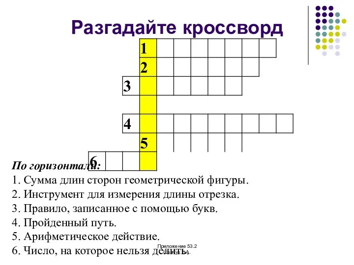 Разгадайте кроссворд По горизонтали: 1. Сумма длин сторон геометрической фигуры.