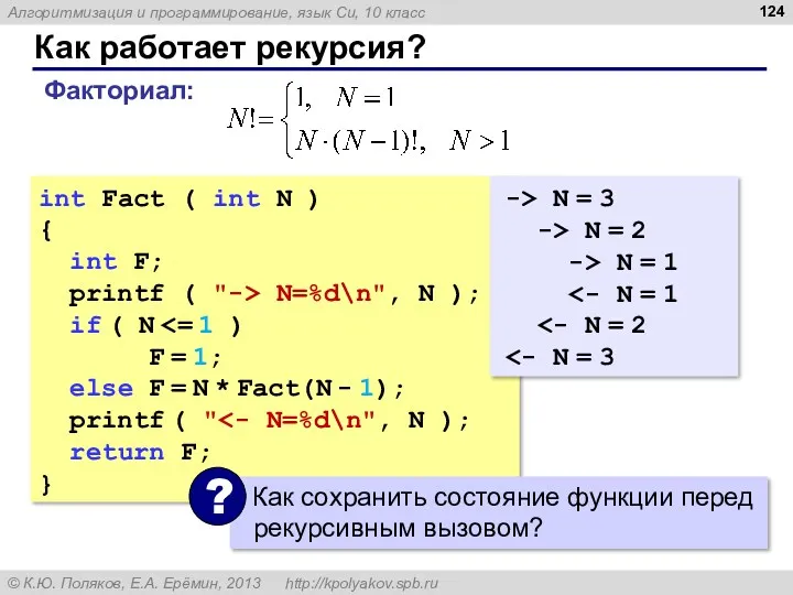 Как работает рекурсия? int Fact ( int N ) { int F; printf