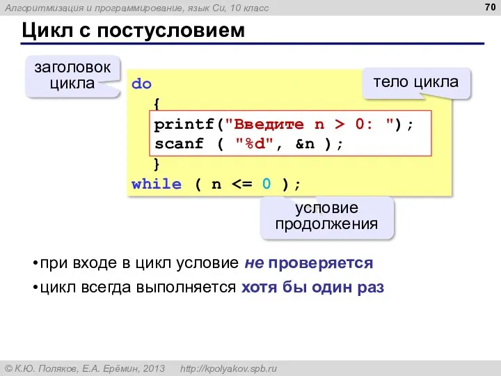 Цикл с постусловием do { } while ( n условие продолжения заголовок цикла