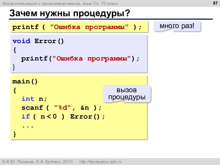 Зачем нужны процедуры? printf ( "Ошибка программы" ); много раз! main() { int