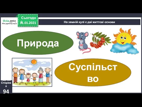 31.01.2021 Сьогодні На земній кулі є дві життєві основи Природа Суспільство Підручник. Сторінка 94