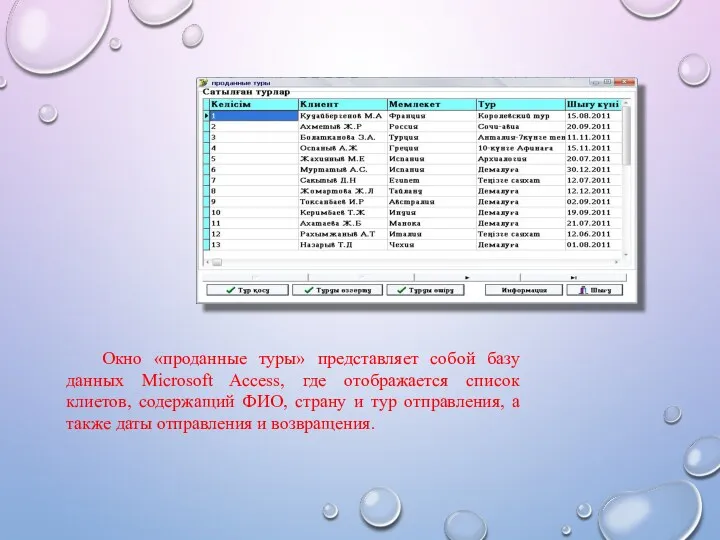 Окно «проданные туры» представляет собой базу данных Microsoft Access, где