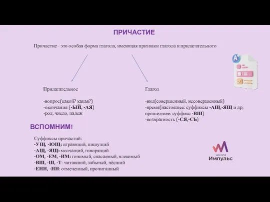 ПРИЧАСТИЕ Причастие - это особая форма глагола, имеющая признаки глагола и прилагательного Прилагательное