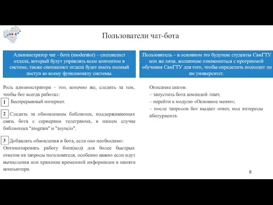 Пользователи чат-бота Администратор чат - бота (moderator) – специалист отдела, который будут управлять