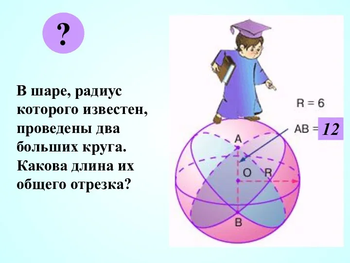 В шаре, радиус которого известен, проведены два больших круга. Какова длина их общего отрезка? ? 12