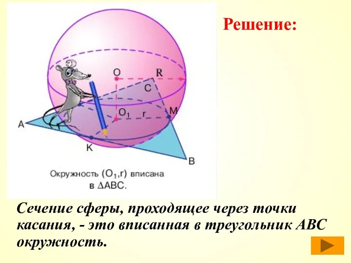 Сечение сферы, проходящее через точки касания, - это вписанная в треугольник АВС окружность. Решение: