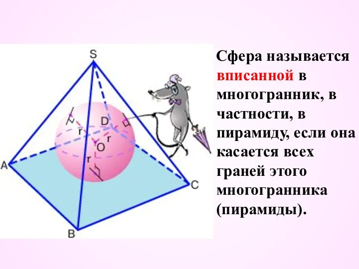 Сфера называется вписанной в многогранник, в частности, в пирамиду, если она касается всех