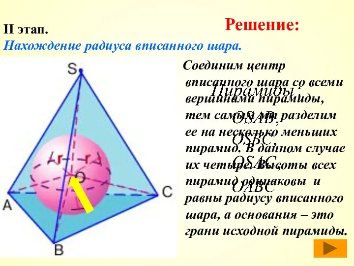Соединим центр вписанного шара со всеми вершинами пирамиды, тем самым мы разделим ее