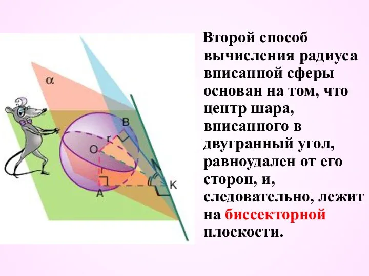 Второй способ вычисления радиуса вписанной сферы основан на том, что центр шара, вписанного