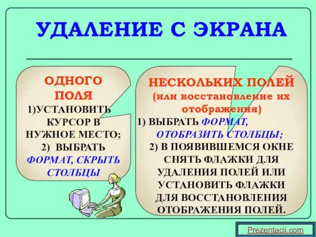 УДАЛЕНИЕ С ЭКРАНА ОДНОГО ПОЛЯ УСТАНОВИТЬ КУРСОР В НУЖНОЕ МЕСТО; 2) ВЫБРАТЬ ФОРМАТ,