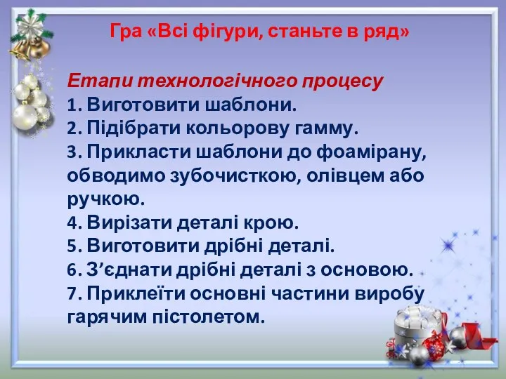 Гра «Всі фігури, станьте в ряд» Етапи технологічного процесу 1. Виготовити шаблони. 2.