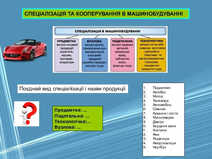 СПЕЦІАЛІЗАЦІЯ ТА КООПЕРУВАННЯ В МАШИНОБУДУВАННІ Предметна: ... Подетальна: ... Технологічна:...