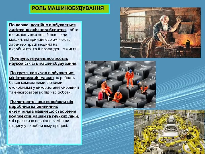 РОЛЬ МАШИНОБУДУВАННЯ По-перше, постійно відбувається диференціація виробництва, тобто виникають вже