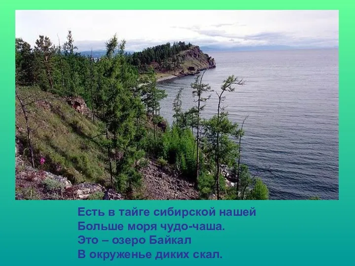 Есть в тайге сибирской нашей Больше моря чудо-чаша. Это – озеро Байкал В окруженье диких скал.