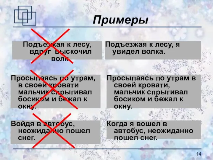 Примеры Подъезжая к лесу, я увидел волка. Просыпаясь по утрам, в своей кровати