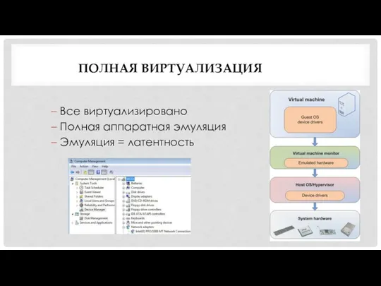 Все виртуализировано Полная аппаратная эмуляция Эмуляция = латентность ПОЛНАЯ ВИРТУАЛИЗАЦИЯ