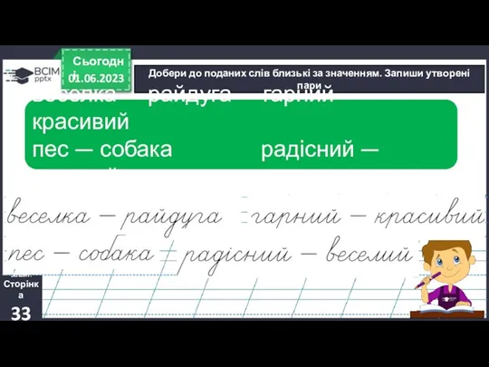 01.06.2023 Сьогодні Добери до поданих слів близькі за значенням. Запиши утворені пари Зошит.