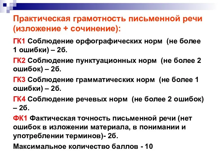 Практическая грамотность письменной речи (изложение + сочинение): ГК1 Соблюдение орфографических