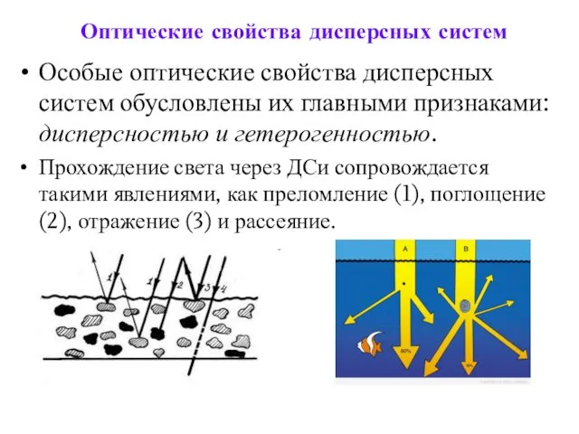 Оптические свойства дисперсных систем Особые оптические свойства дисперсных систем обусловлены их главными признаками: