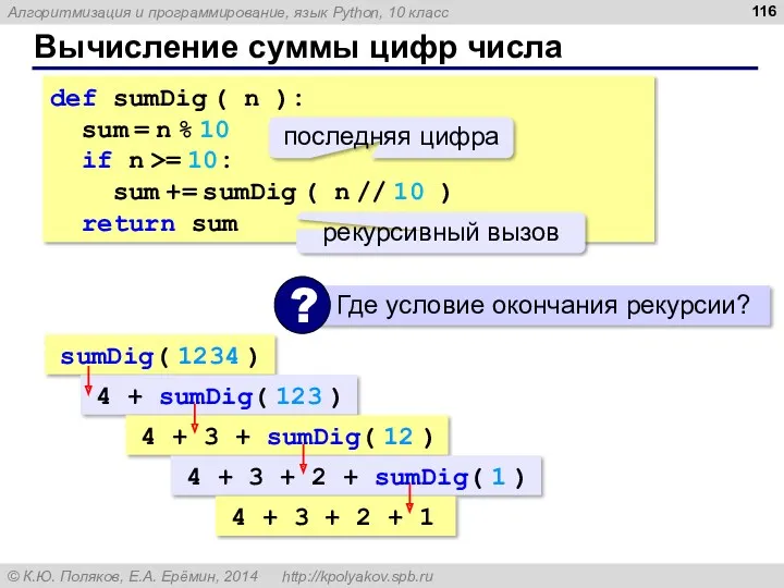 Вычисление суммы цифр числа def sumDig ( n ): sum