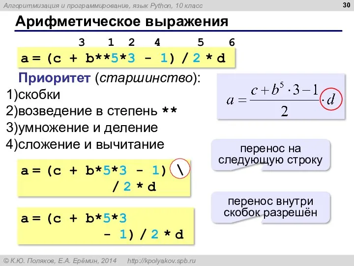 Арифметическое выражения a = (c + b**5*3 - 1) /