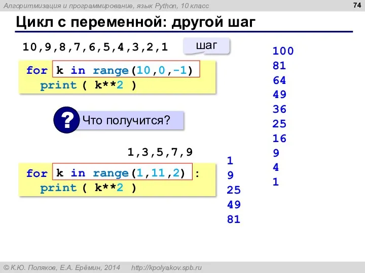 Цикл с переменной: другой шаг 100 81 64 49 36