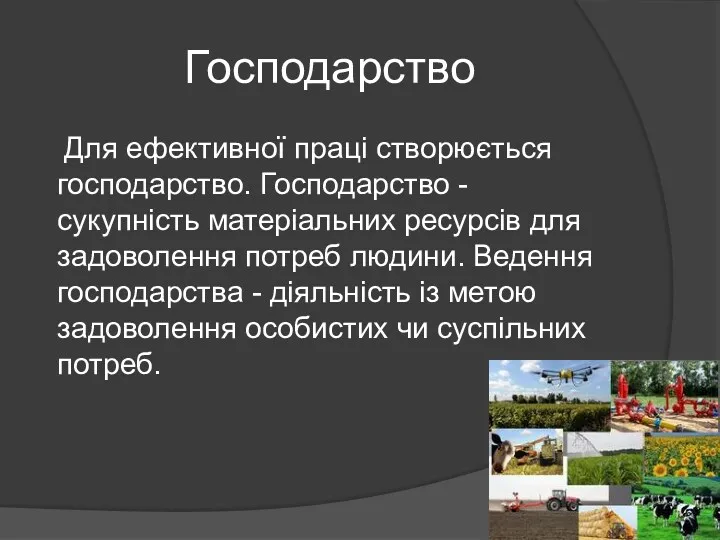 Господарство Для ефективної праці створюється господарство. Господарство - сукупність матеріальних