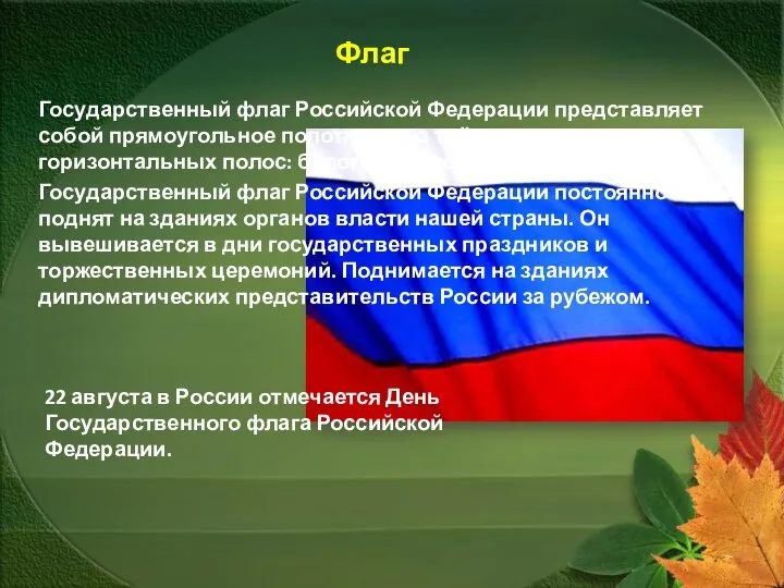 Флаг Государственный флаг Российской Федерации представляет собой прямоугольное полотнище из трёх равновеликих горизонтальных