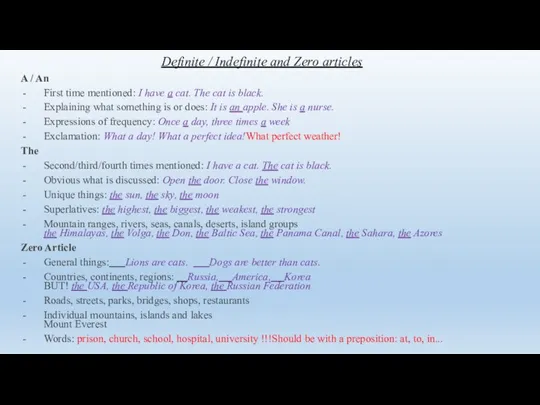 Definite / Indefinite and Zero articles A / An First