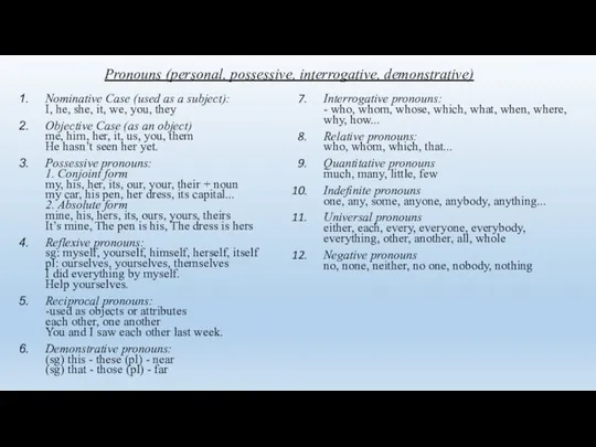 Pronouns (personal, possessive, interrogative, demonstrative) Nominative Case (used as a