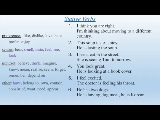 Stative Verbs preferences: like, dislike, love, hate, prefer, enjoy senses: