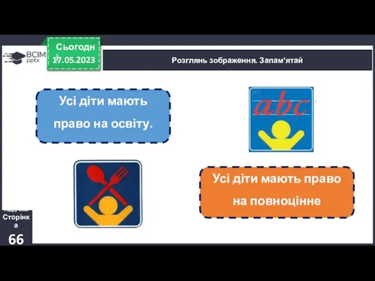 17.05.2023 Сьогодні Розглянь зображення. Запам’ятай Підручник Сторінка 66 Усі діти