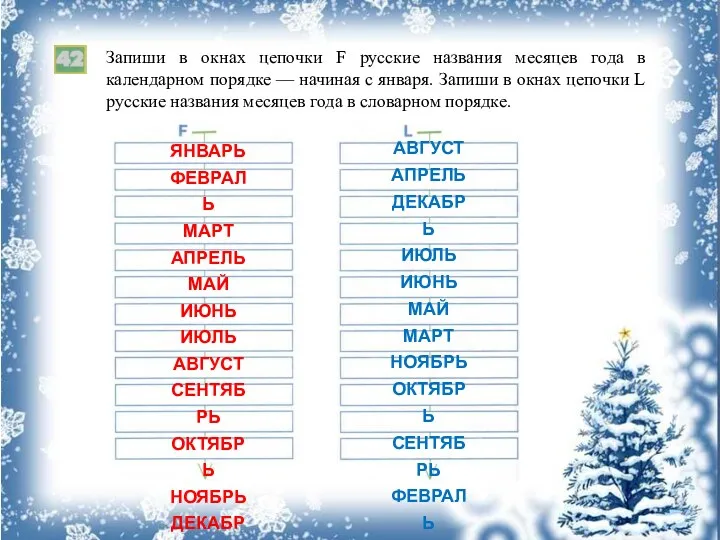 Запиши в окнах цепочки F русские названия месяцев года в