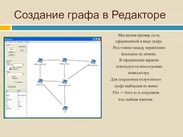 Создание графа в Редакторе Мы видим пример сети, оформленной в